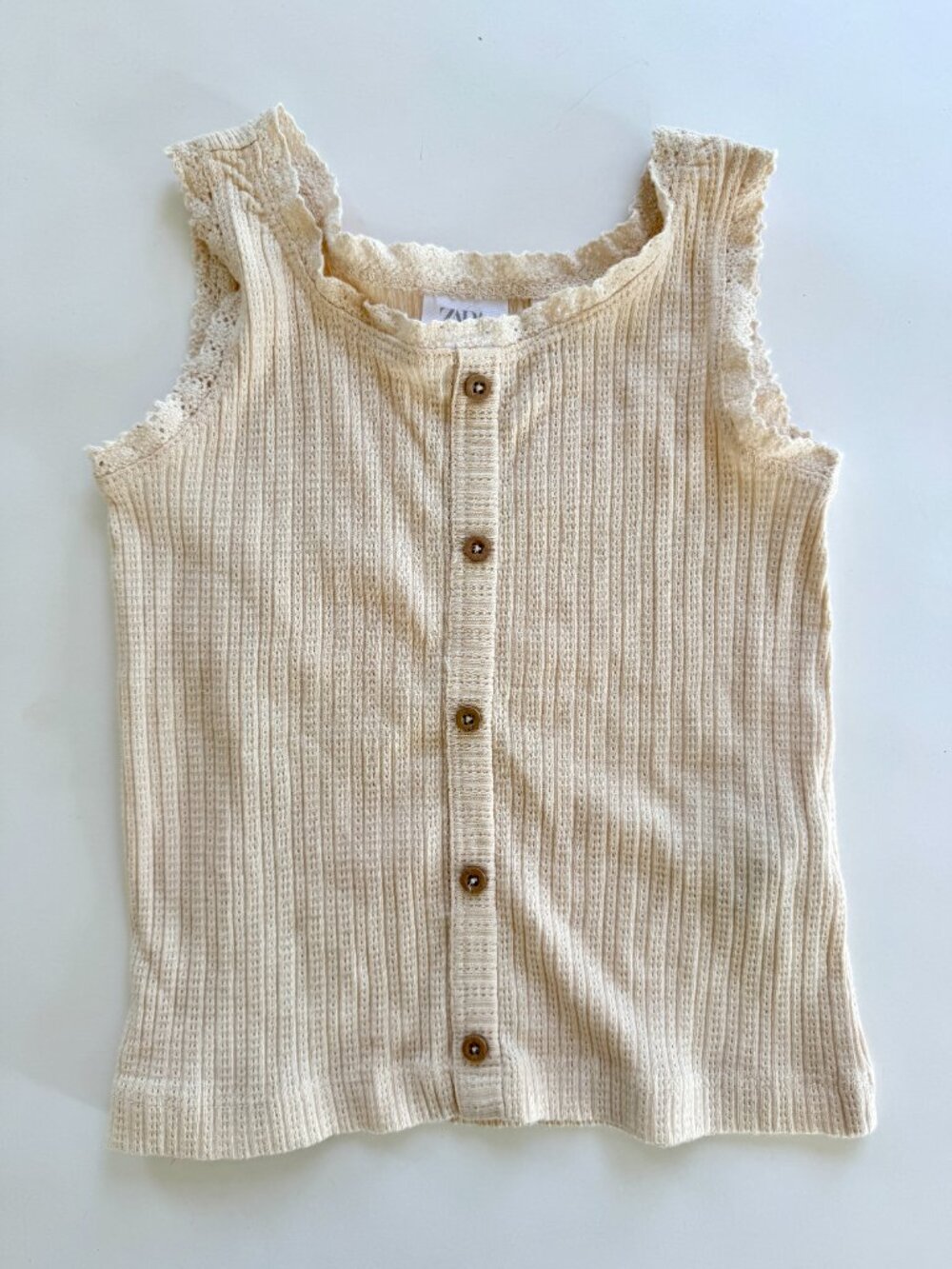 Zara Cream Pointelle Rib Lace Trim Button Tank Top Girls 18-24M
